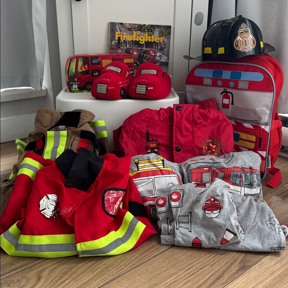 🧯Firefighter bundle! 🚒rain coat, backpack, slippers 5T-7T, book,puzzle,costume